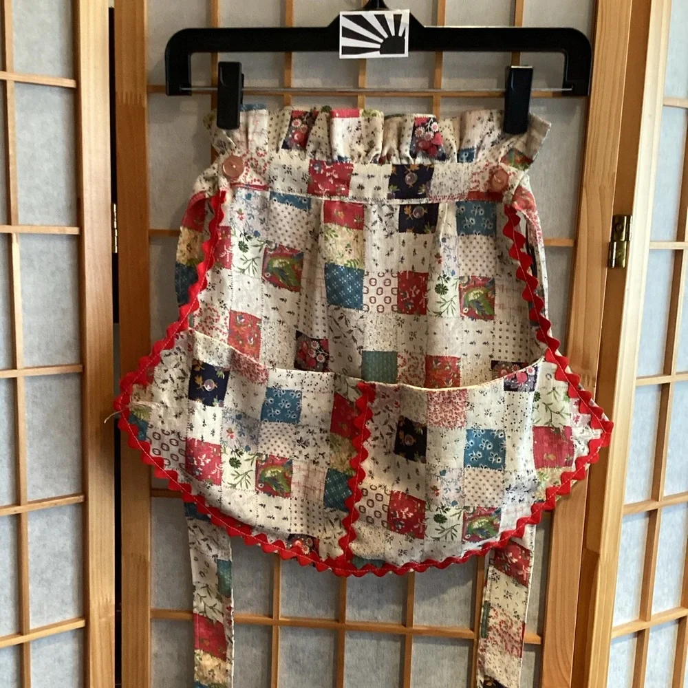 Vintage Handmade Patchwork Half Apron with Red Trim